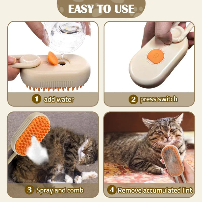Self-cleaning release button on steam cat grooming brush