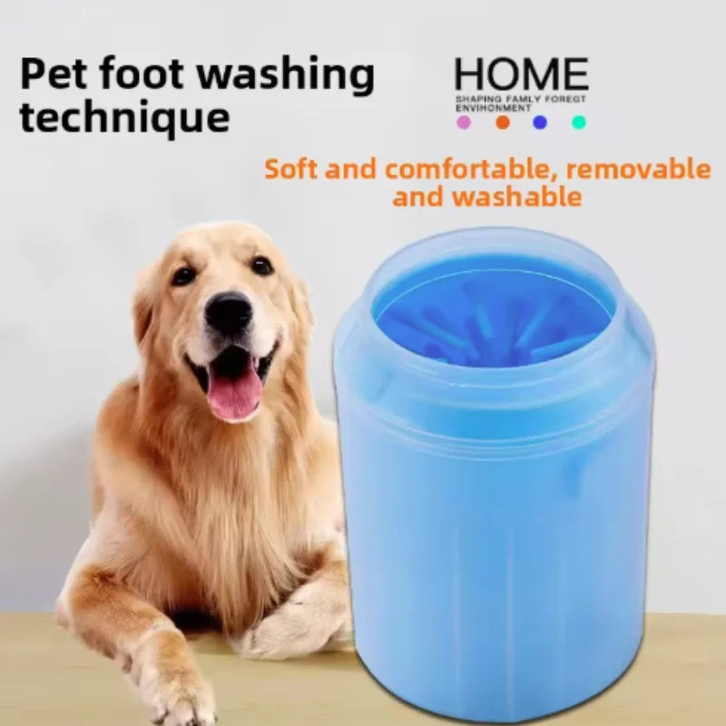 Dog paw being cleaned in silicone paw washer cup