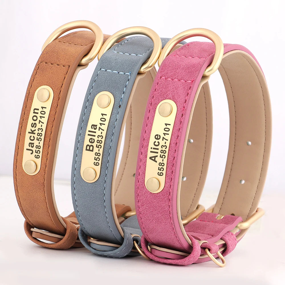 Personalized Leather Dog Collar with Custom Engraved Nameplate - Small, Medium & Large Dogs