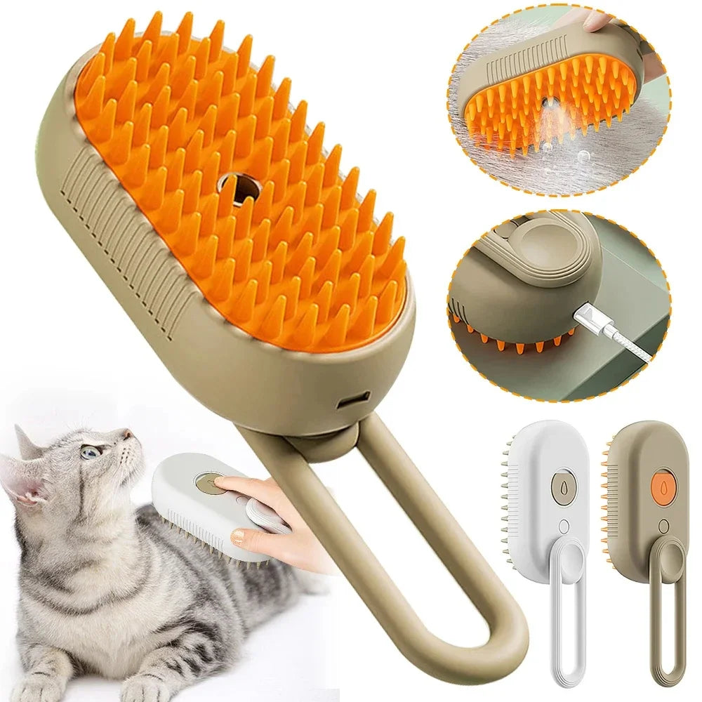 3-in-1 steam cat brush with self-cleaning button and mist spray for grooming cats
