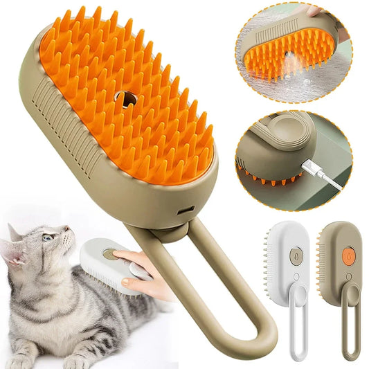 3-in-1 steam cat brush with self-cleaning button and mist spray for grooming cats