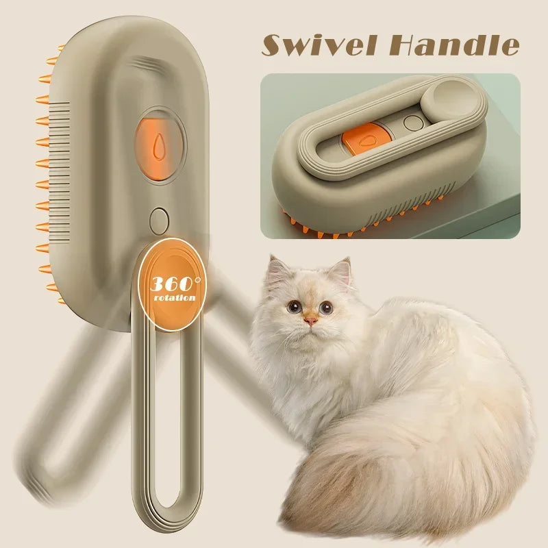 Cat being groomed with steam brush to reduce shedding and remove loose fur