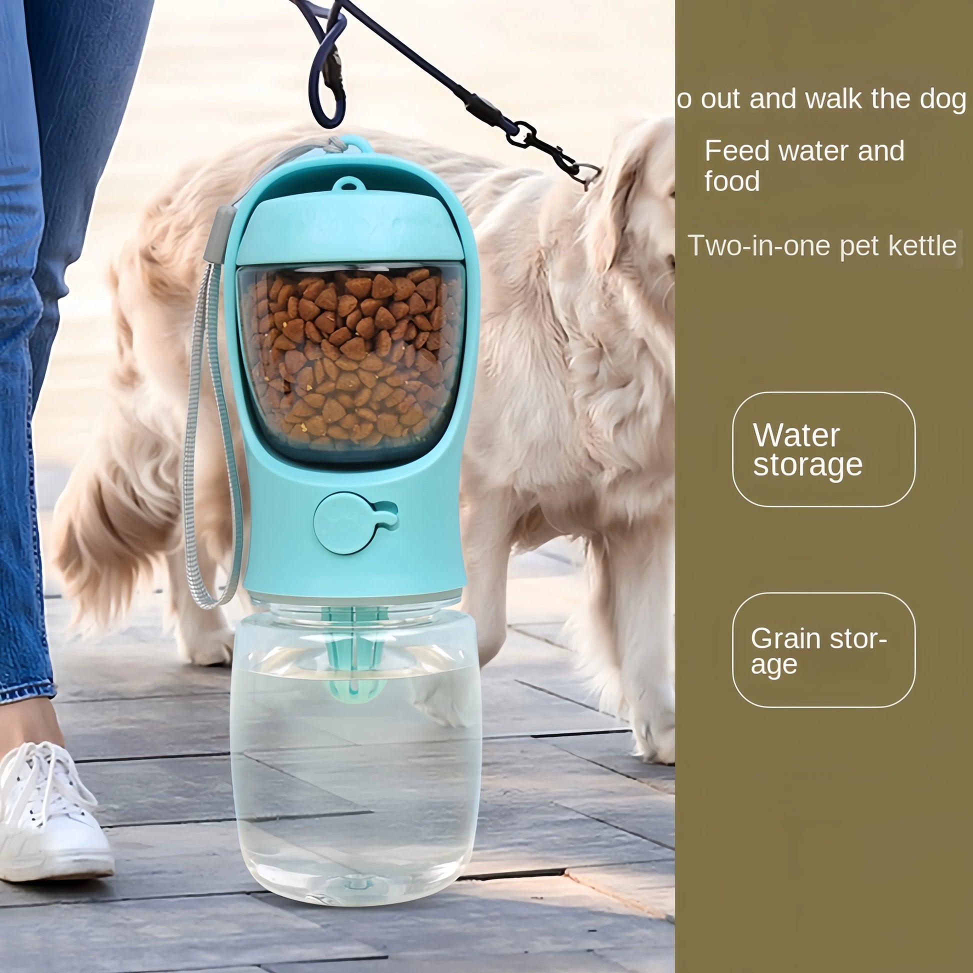 2-in-1 dog and cat water bottle with food storage compartment