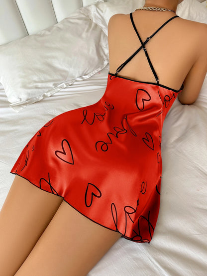 Heart Letter Print Spaghetti Strap Nightdress